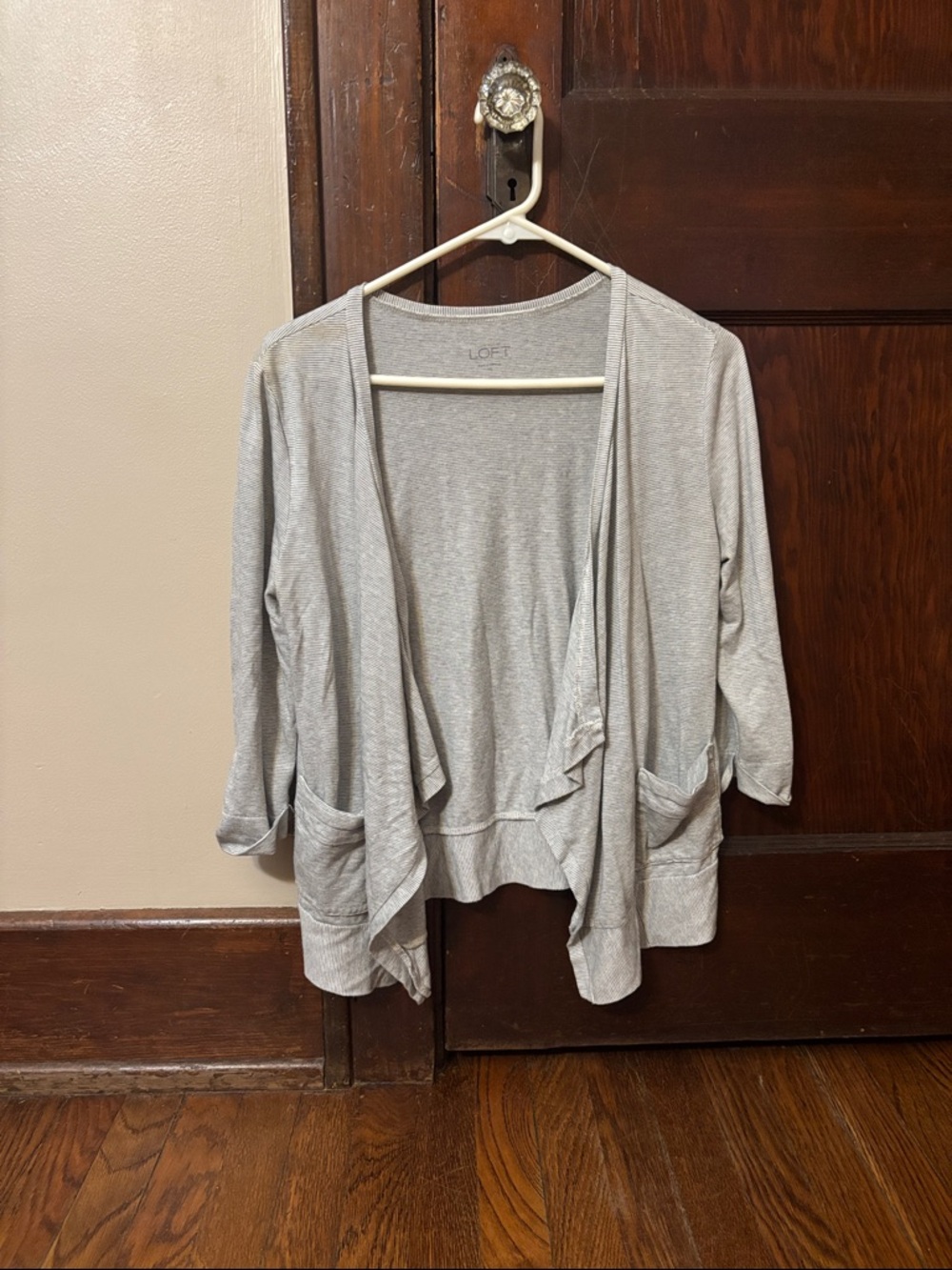 LOFT Light Gray Draped Open-Front Cardigan with Pockets